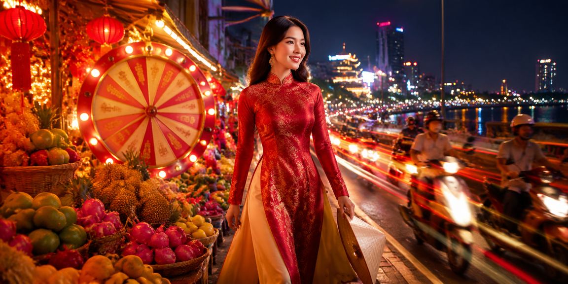 Không khí chợ đêm vùng Mekong với màn hình hiển thị kết quả may mắn trực tuyến